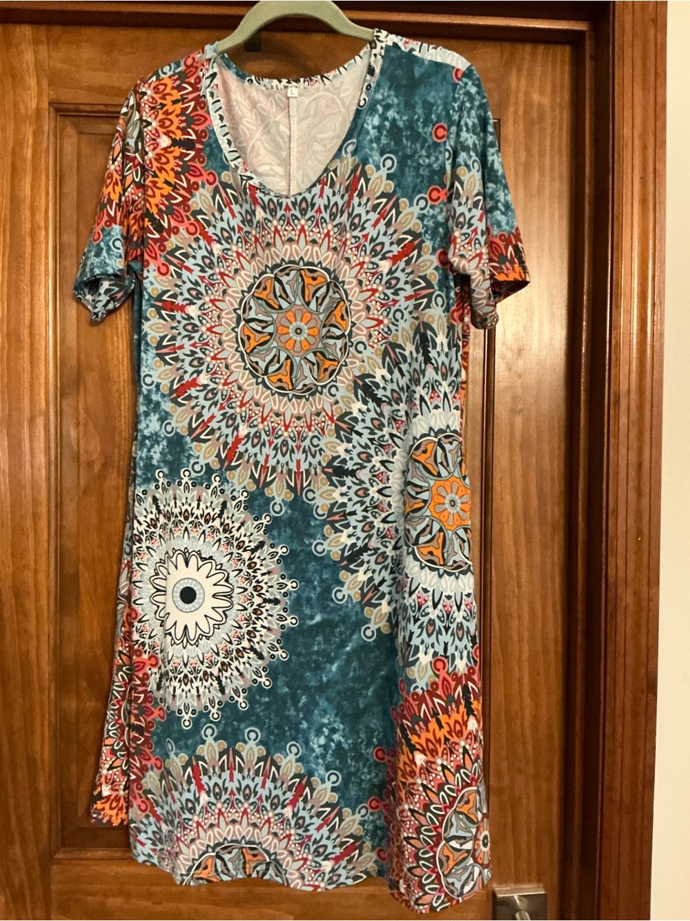 Boho Medallion Print V-Neck Dress - Teal Multi